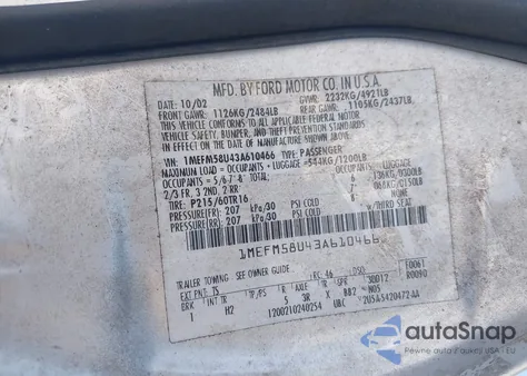 2003 Mercury Sable Gs z USA, uszkodzony, nr VIN 1MEFM58U43A610466